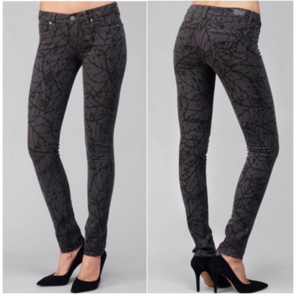 PAIGE Skyline Skinny Leaf Print Jeans Plum Brown Size 27